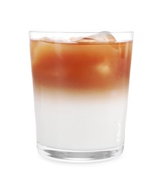 Photo of Glass of fresh iced coffee isolated on white