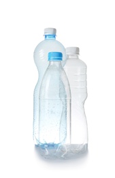 Three plastic bottles on white background. Recycle concept