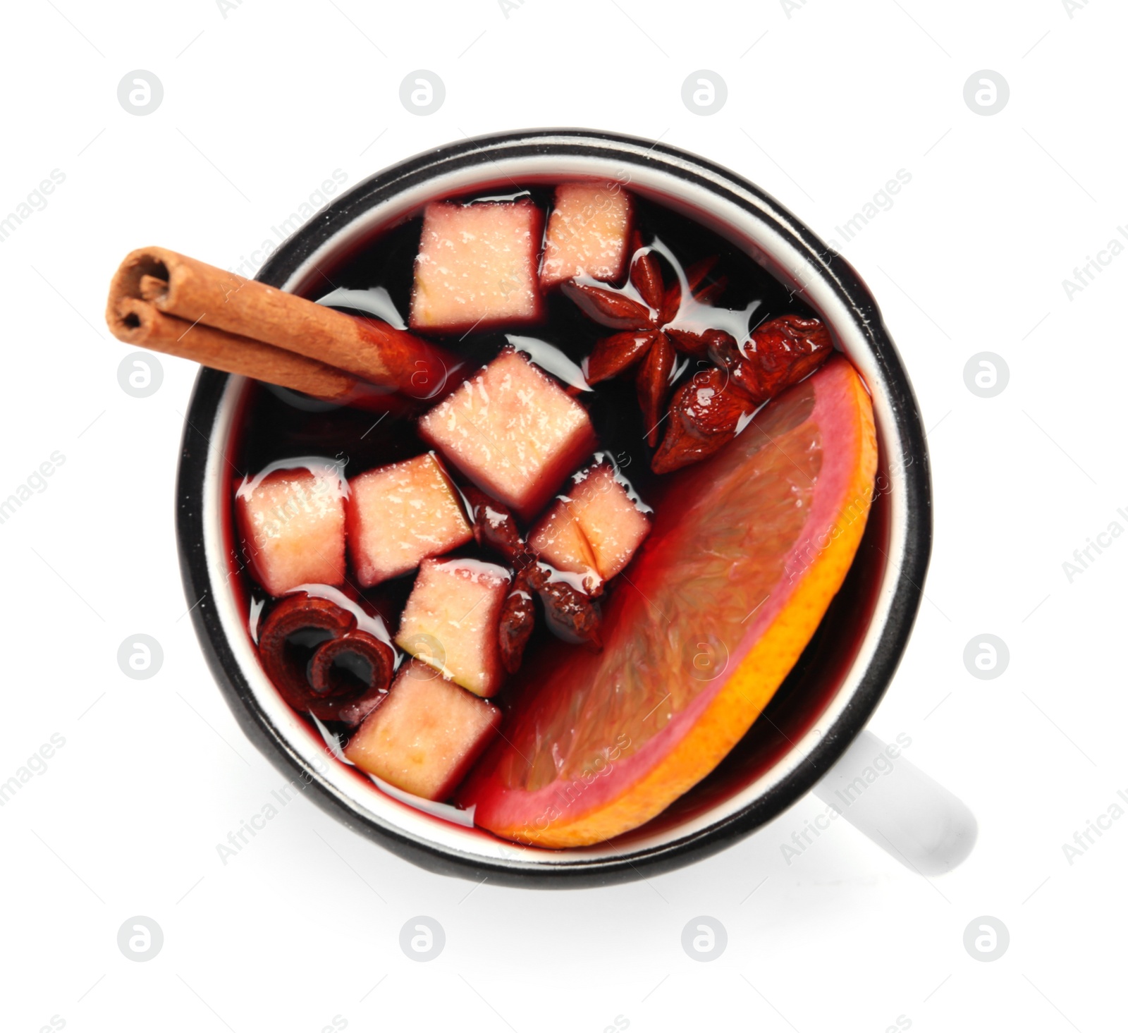 Photo of Mug with red mulled wine on white background, top view