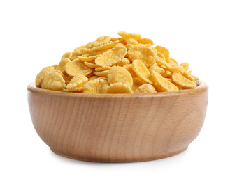 Wooden bowl of tasty corn flakes isolated on white