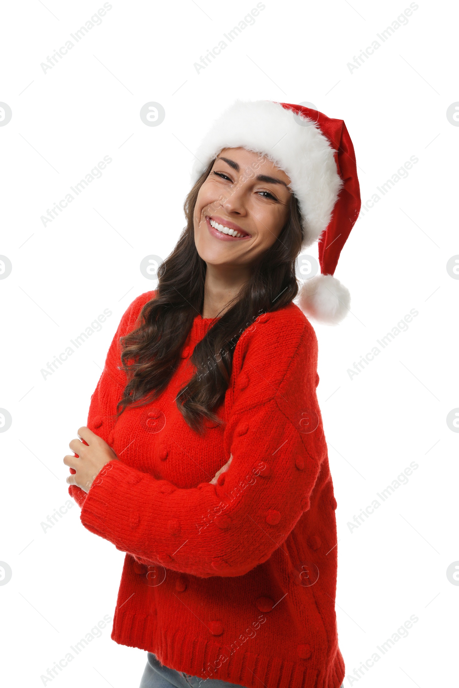 Photo of Young woman in Christmas sweater and hat on white background