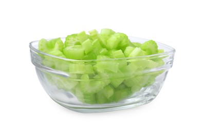 Photo of Glass bowl of fresh cut celery isolated on white