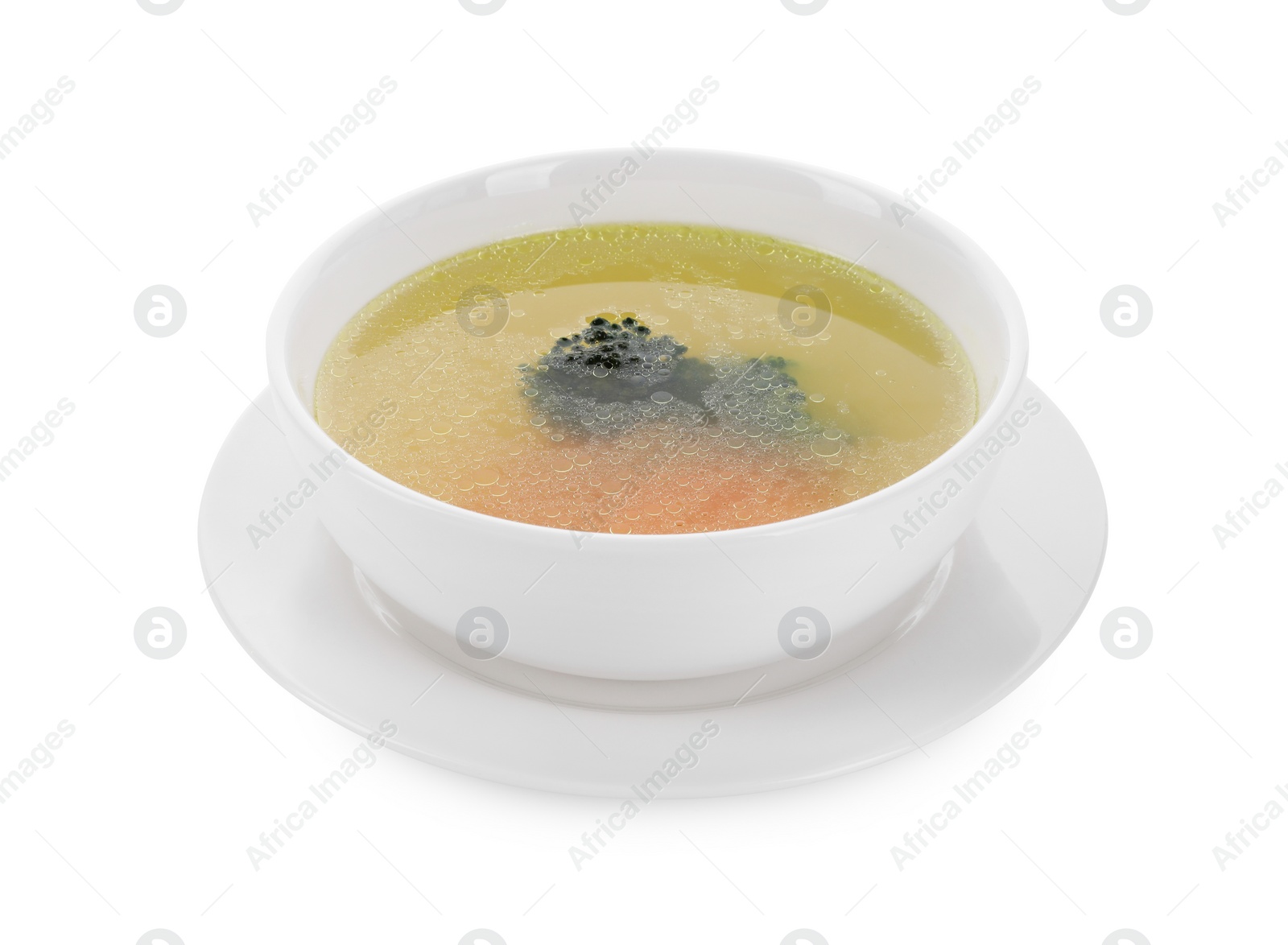 Photo of Tasty soup in bowl isolated on white