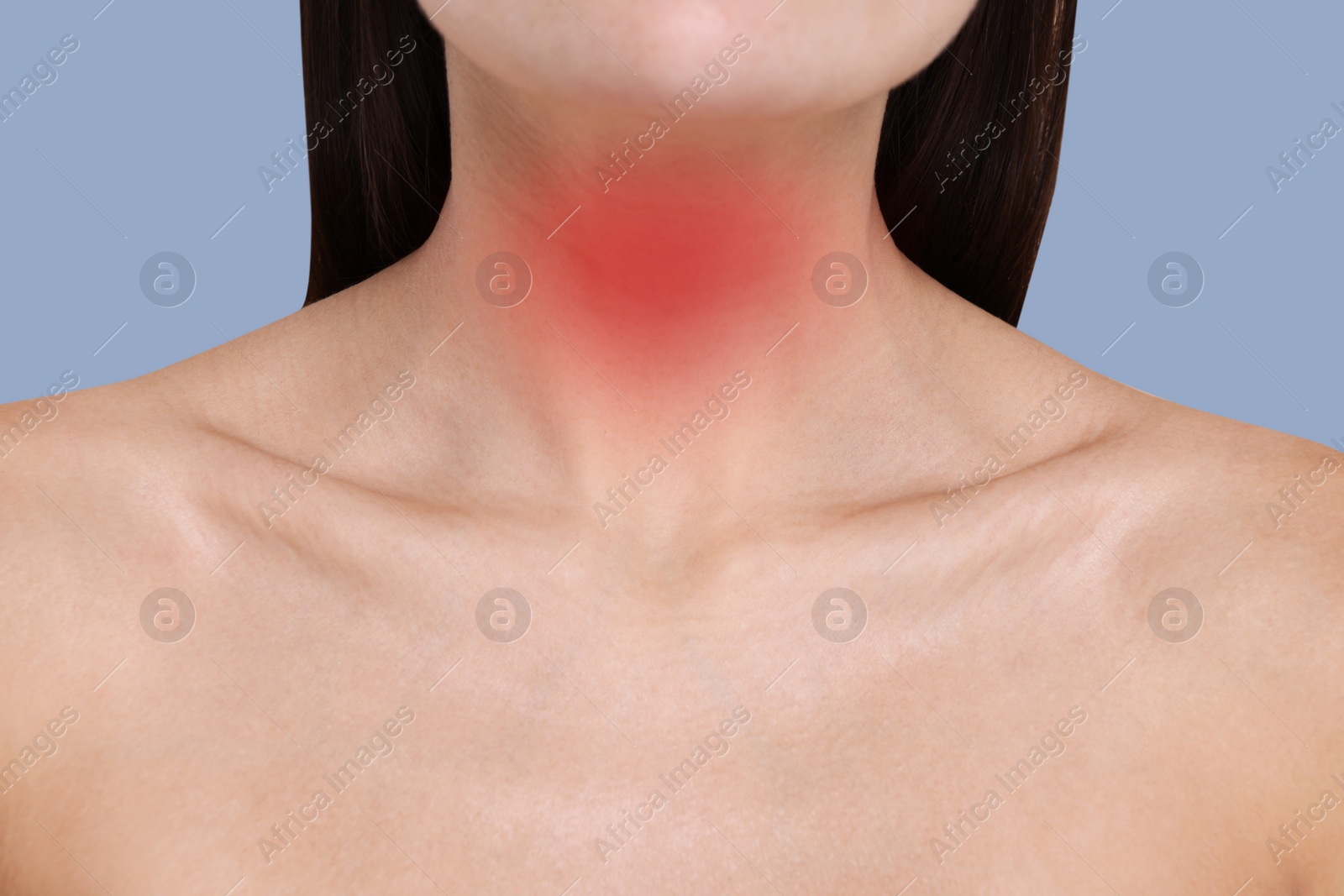 Image of Endocrine system. Woman suffering from pain in thyroid gland on color background, closeup