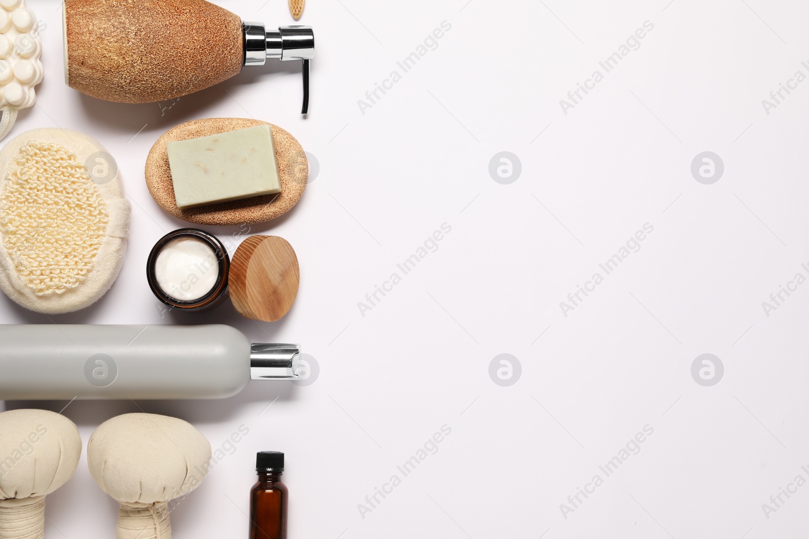 Photo of Bath accessories. Different personal care products on white background, flat lay with space for text