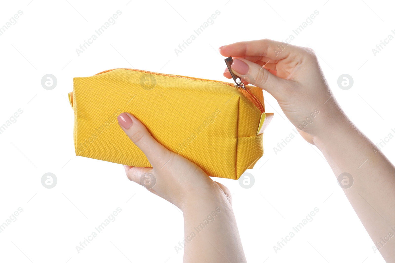 Photo of Woman with cosmetic bag isolated on white, closeup