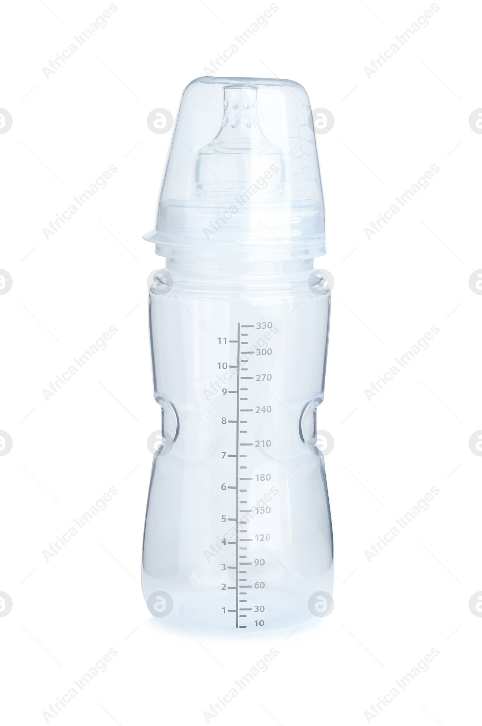 Photo of Plastic baby bottle isolated on white. First food