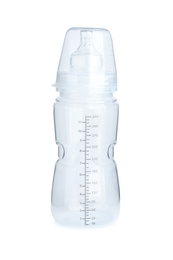 Photo of Plastic baby bottle isolated on white. First food