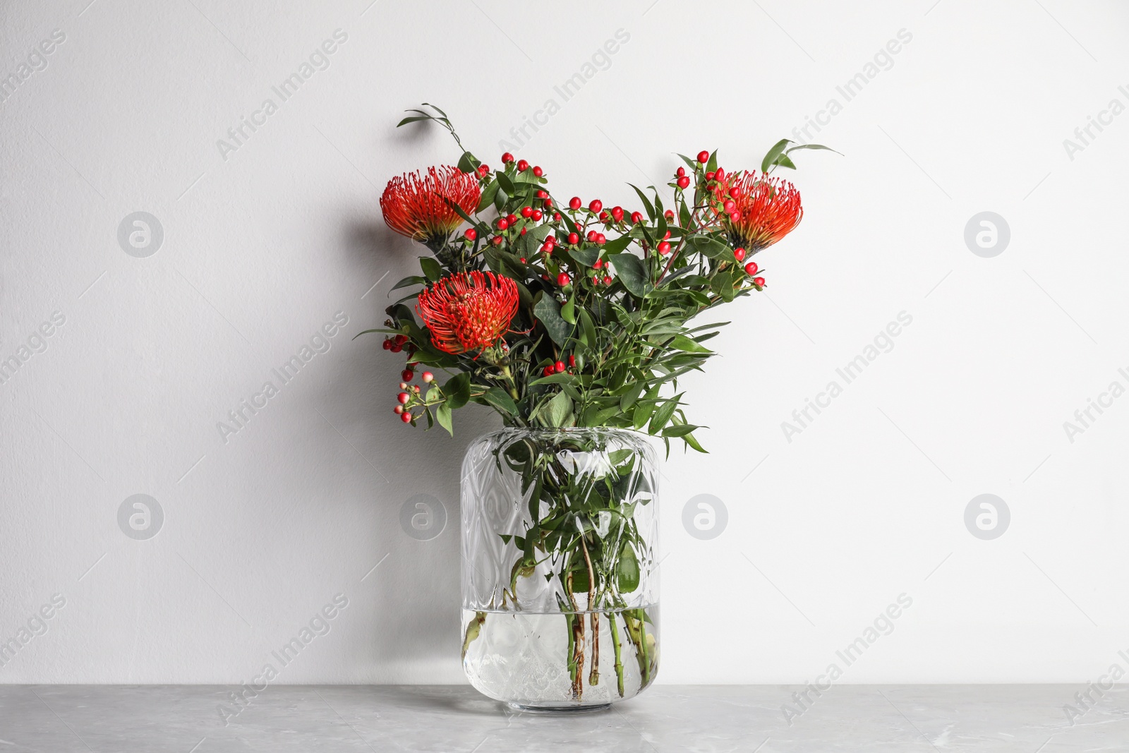 Photo of Bouquet with beautiful red protea flowers in glass vase on grey table against white background