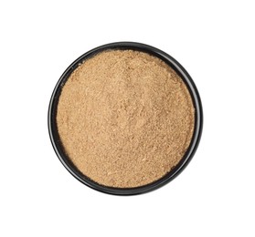 Photo of Dietary fiber. Psyllium husk powder in bowl isolated on white, top view