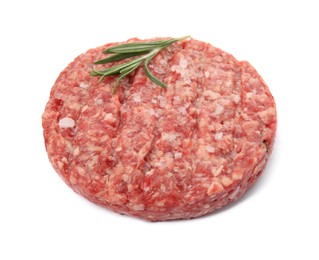 Photo of Raw hamburger patty with rosemary and salt isolated on white