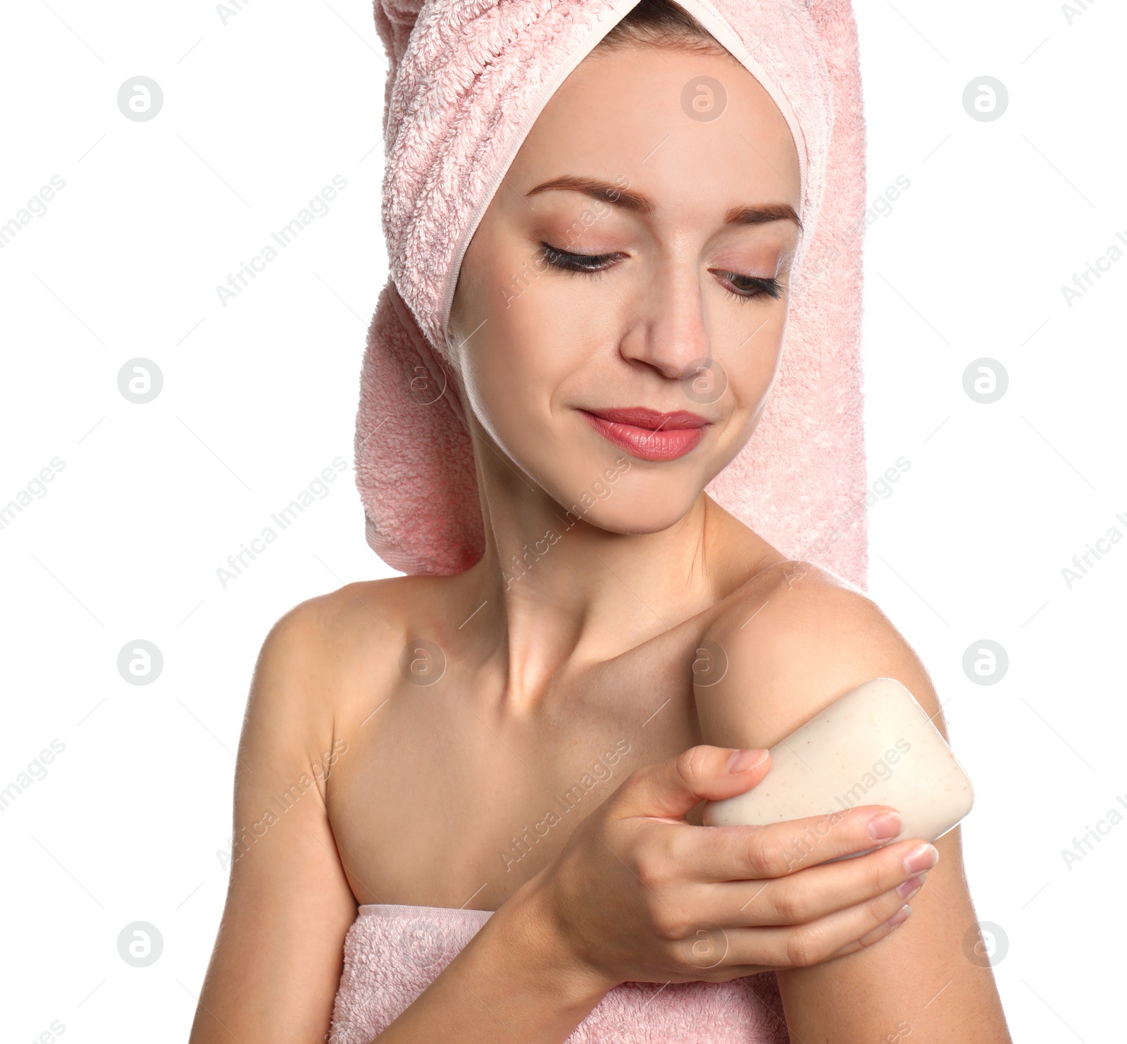 Image of Beautiful young woman with soap bar on white background