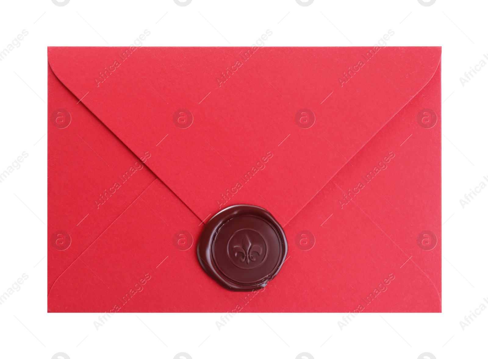 Photo of Red envelope with wax seal isolated on white, top view