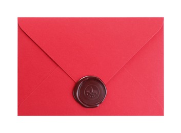 Red envelope with wax seal isolated on white, top view