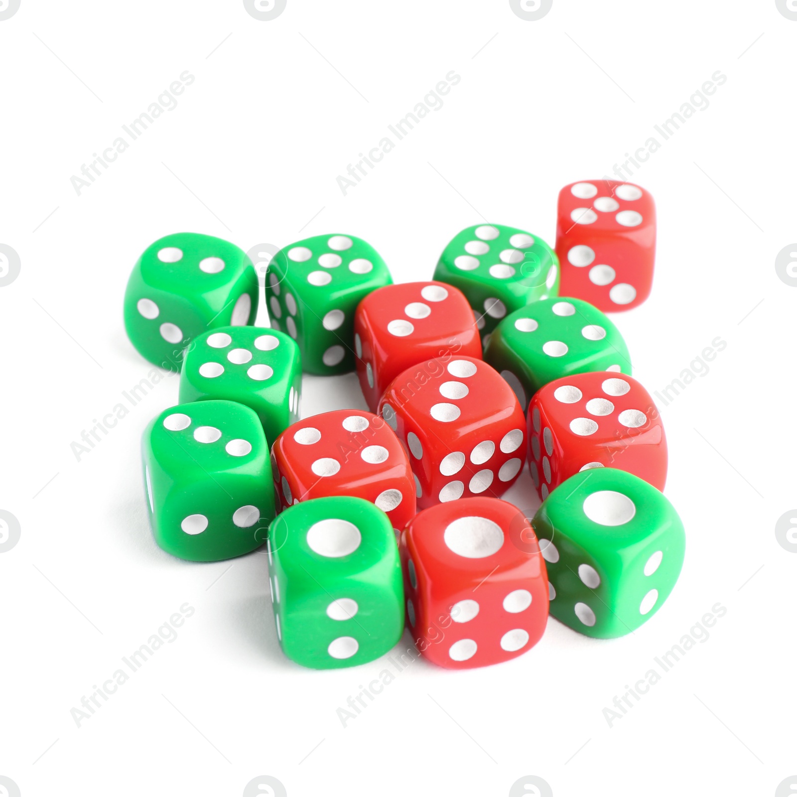 Photo of Many green and red game dices isolated on white