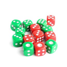 Photo of Many green and red game dices isolated on white