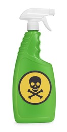 Bottle of toxic household chemical with warning sign isolated on white