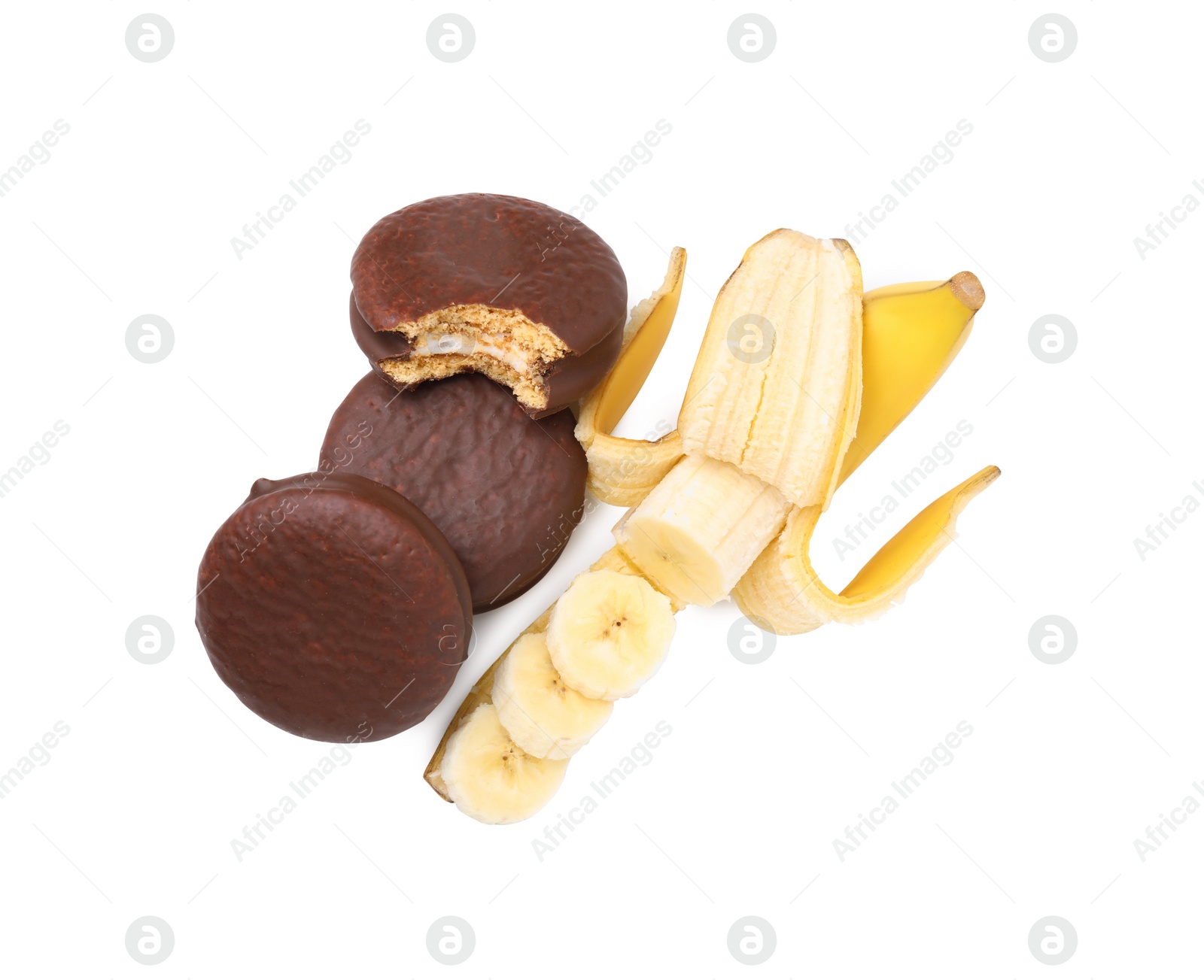 Photo of Tasty banana choco pies and fresh fruit isolated on white