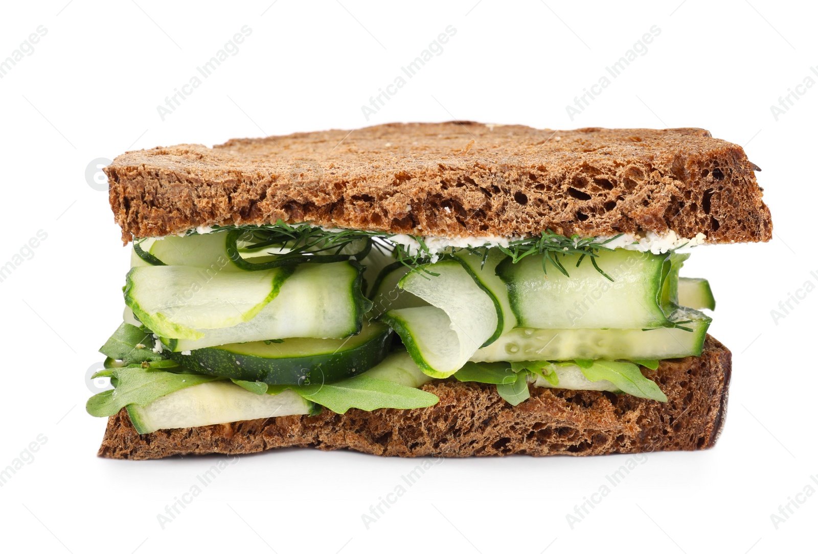 Photo of Tasty sandwich with cream cheese, cucumber and greens on white background