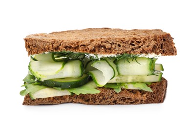 Tasty sandwich with cream cheese, cucumber and greens on white background