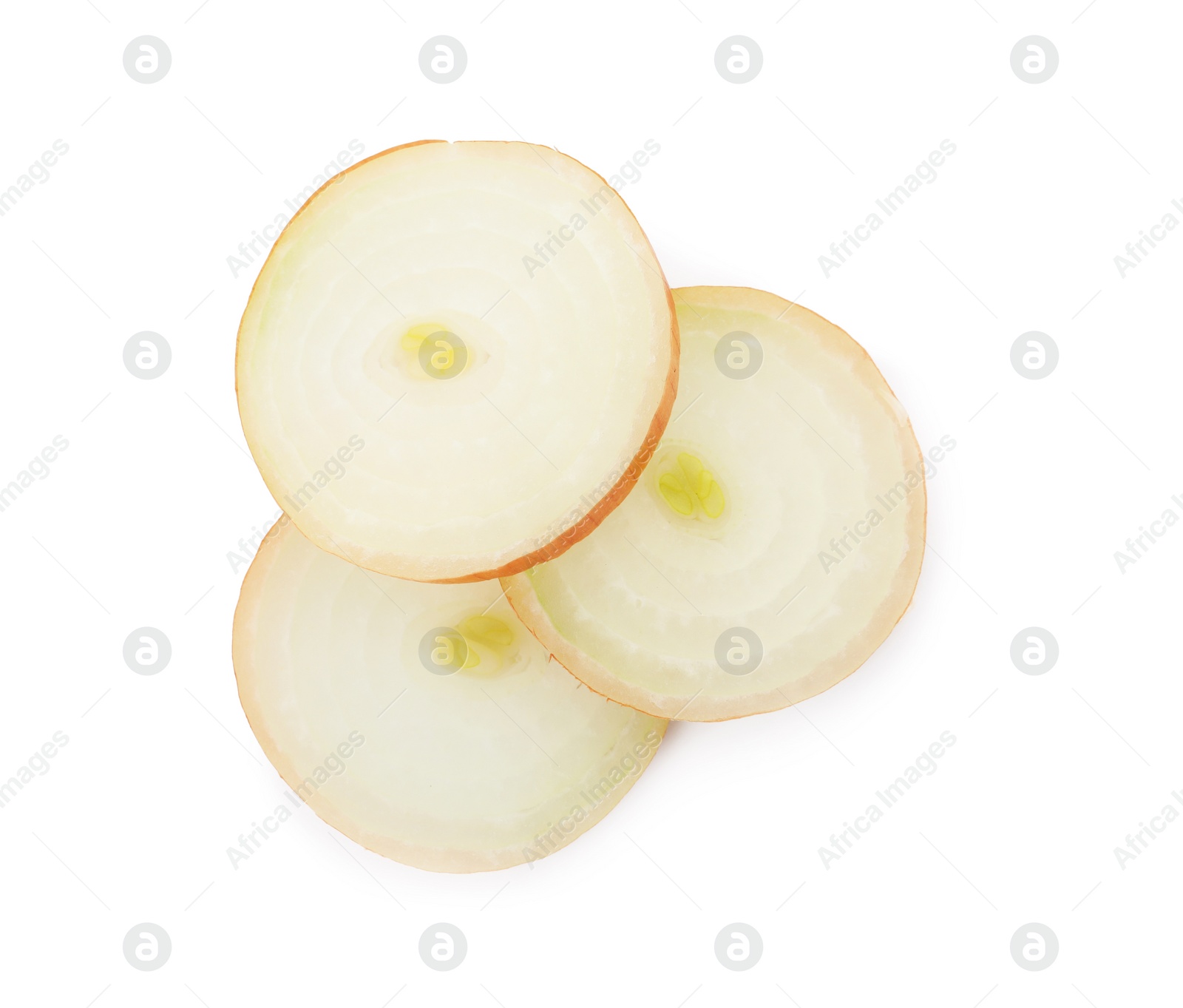 Photo of Slices of raw yellow onion on white background, top view