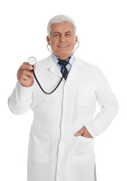 Senior doctor with stethoscope on white background