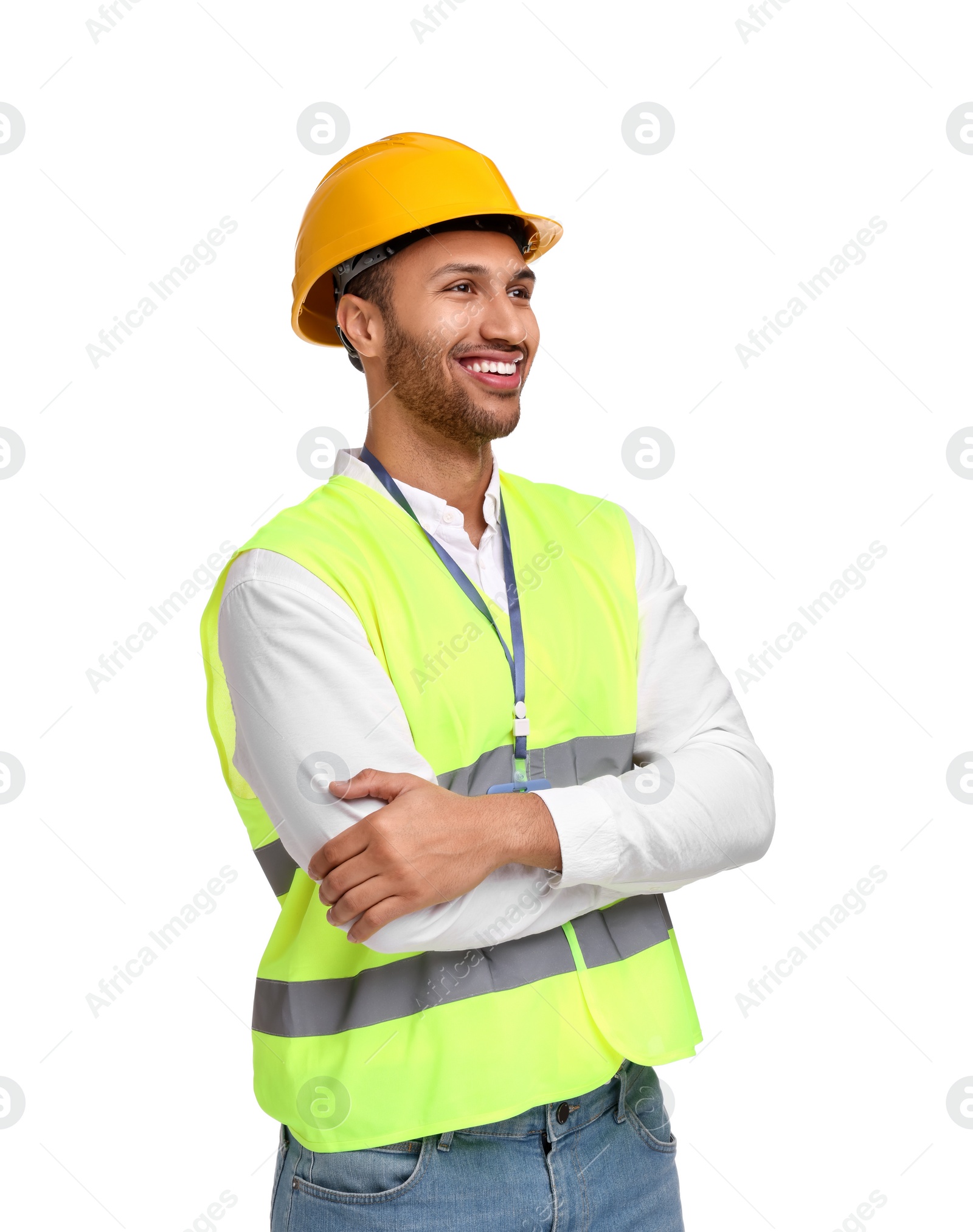 Photo of Engineer in hard hat on white background