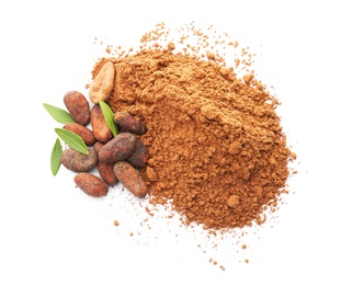 Photo of Cocoa powder and beans on white background