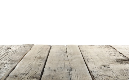 Empty wooden table surface on white background