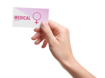 Girl holding medical business card isolated on white, closeup. Women's health service