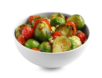 Photo of Bowl of salad with Brussels sprouts isolated on white