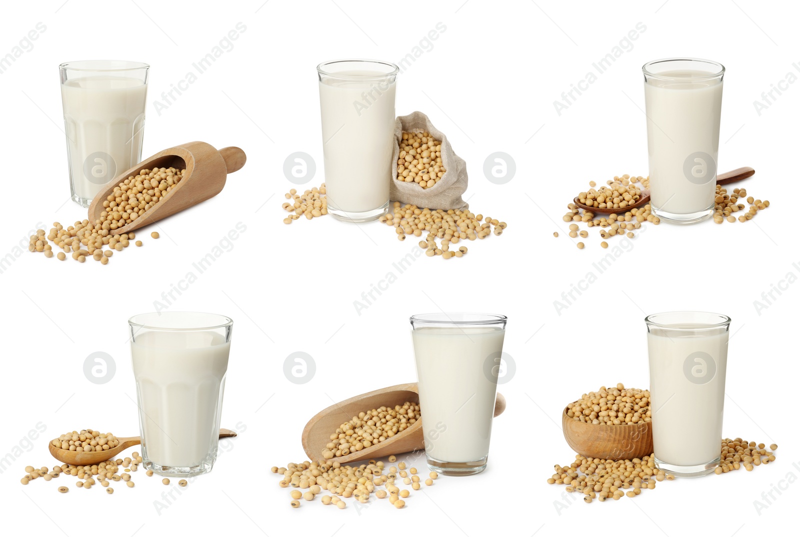 Image of Set with natural soy milk and beans on white background