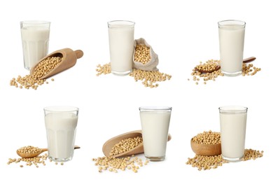 Image of Set with natural soy milk and beans on white background