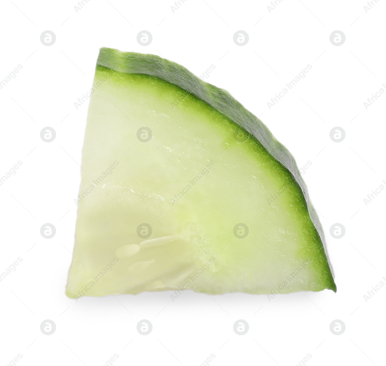 Photo of Slice of fresh cucumber isolated on white, top view