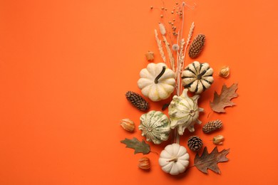 Flat lay composition with different ripe pumpkins on orange background. Space for text