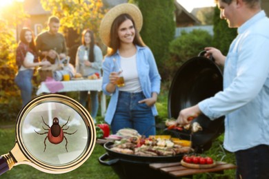 Image of Seasonal hazardoutdoor recreation. Happy friends having barbeque party outdoors. Illustration of magnifying glass with tick, selective focus