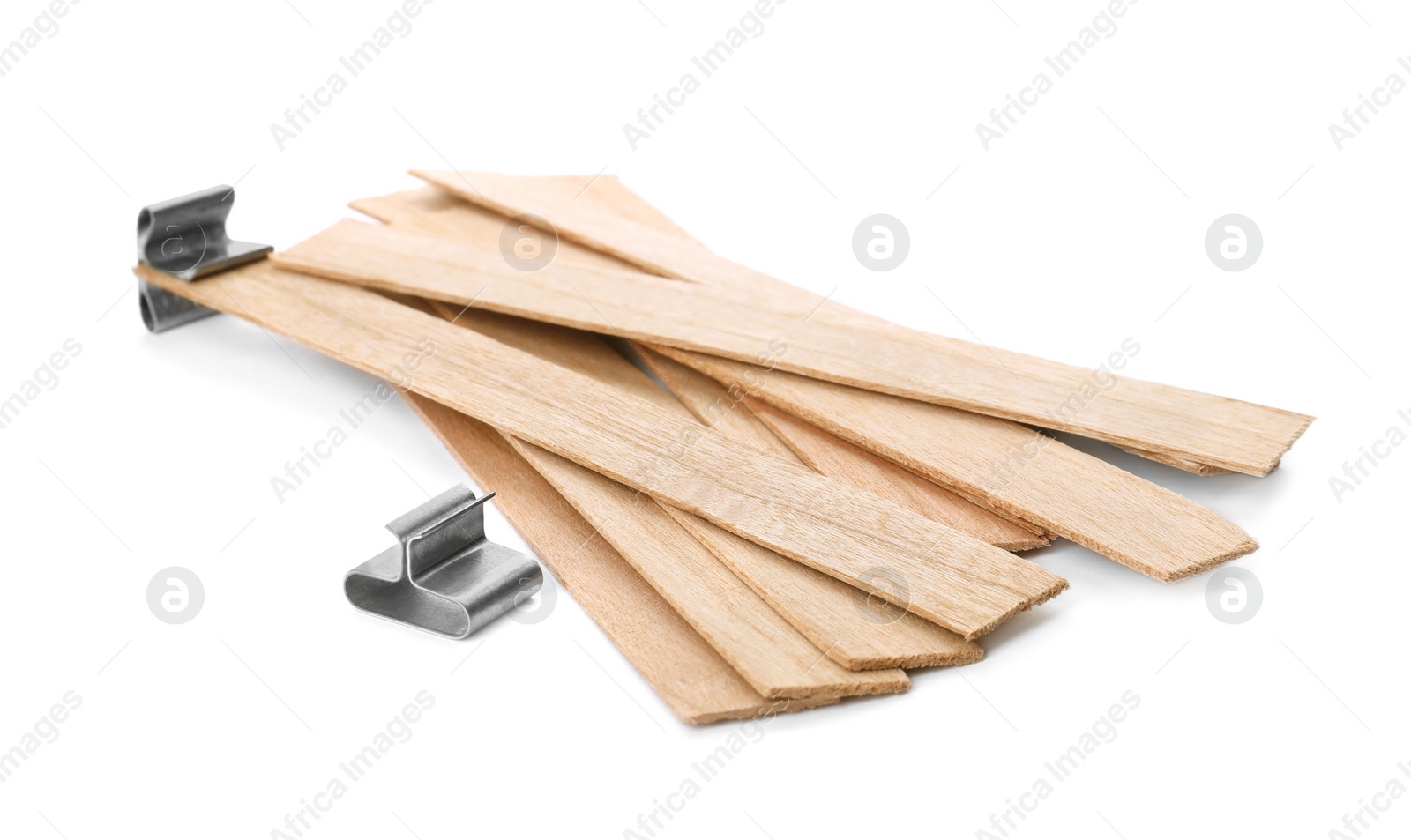 Photo of Wooden wicks with stabilizers on white background. Homemade candle material