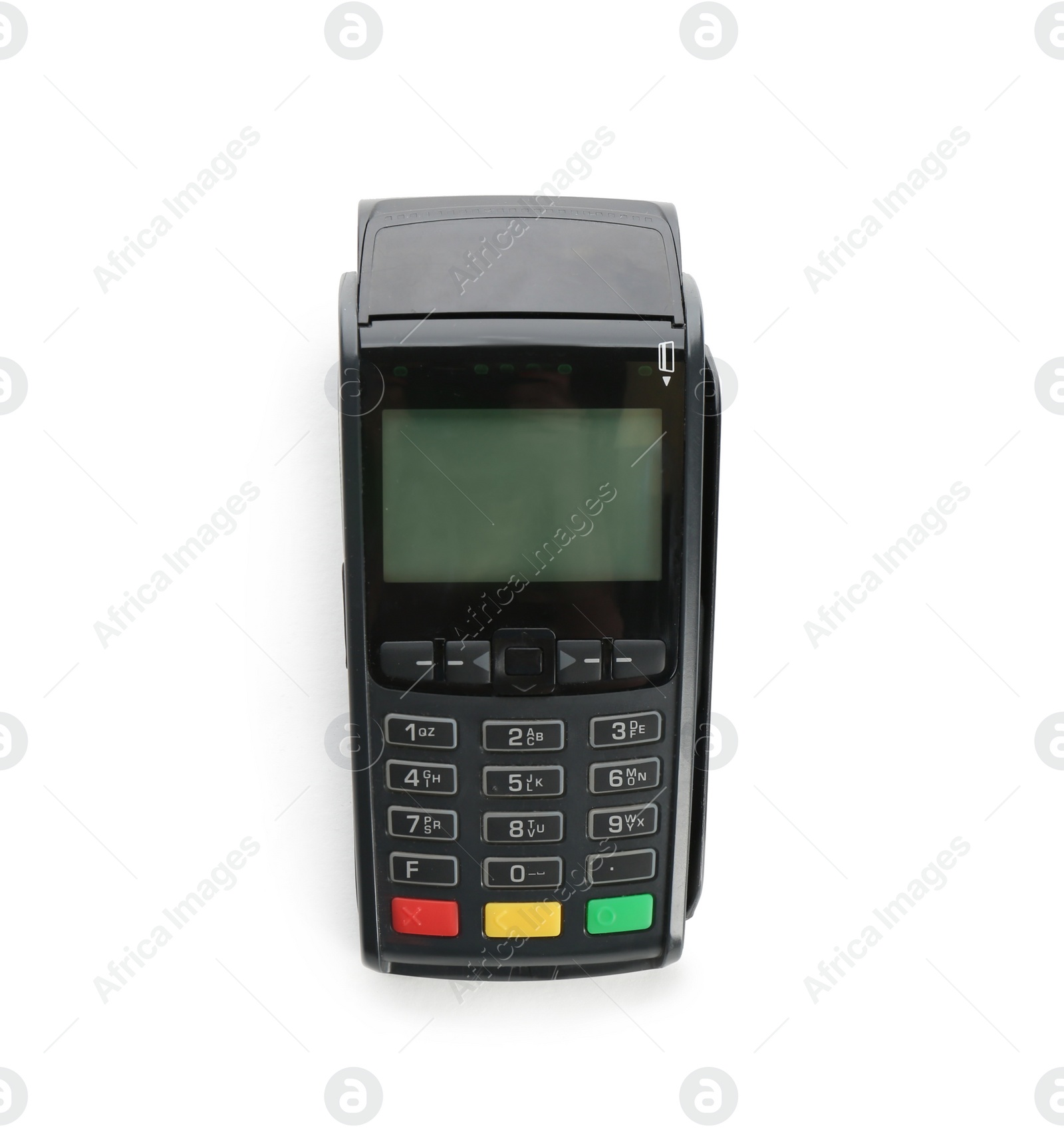 Photo of Modern payment terminal on white background, top view. Space for text