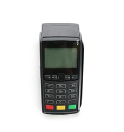 Modern payment terminal on white background, top view. Space for text