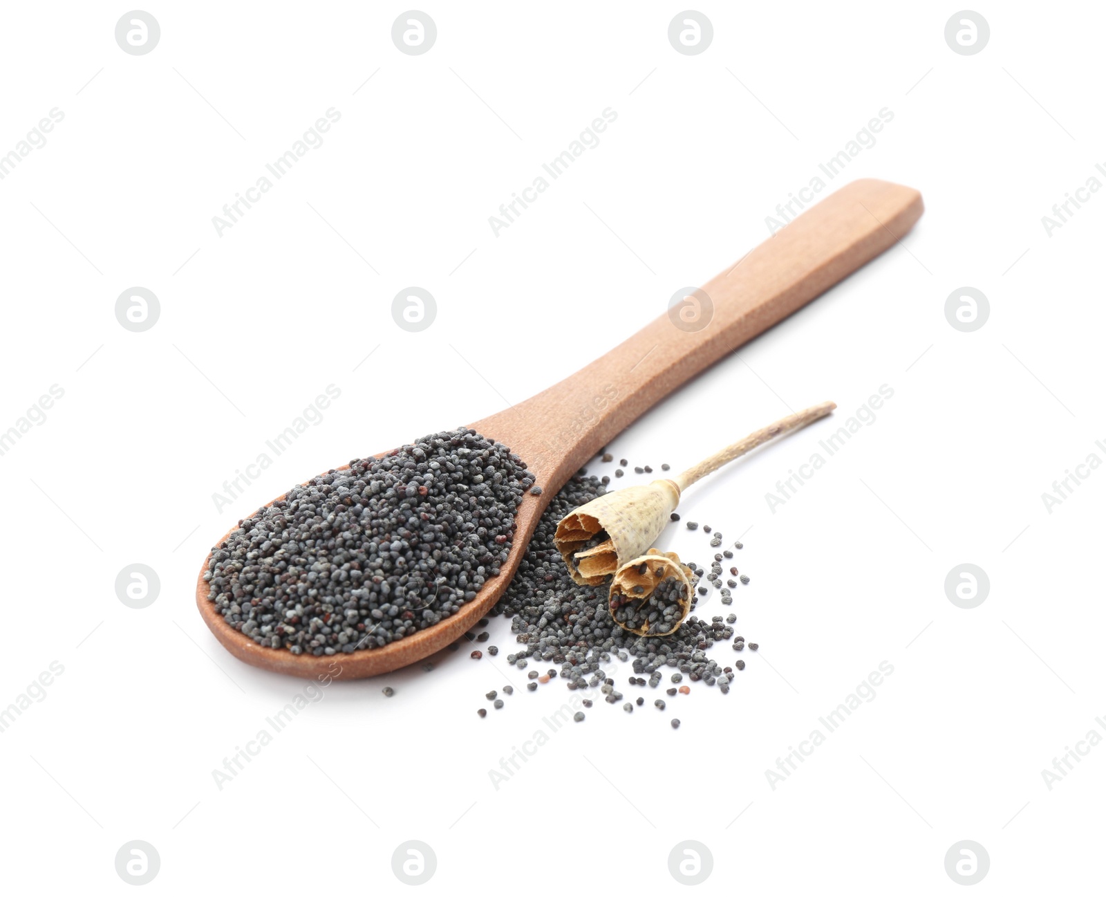 Photo of Poppy seeds and wooden spoon on white background