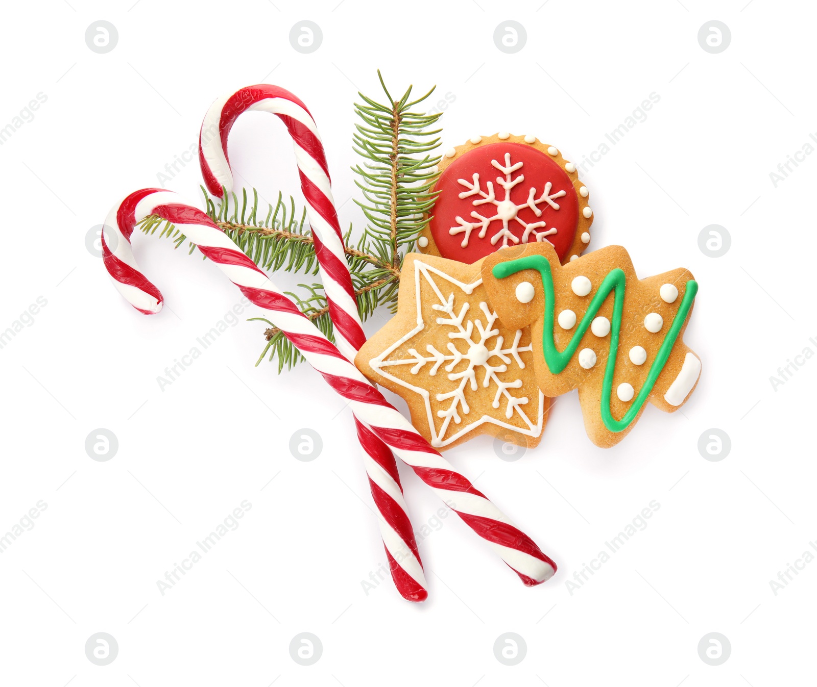 Photo of Composition with Christmas candy canes on white background