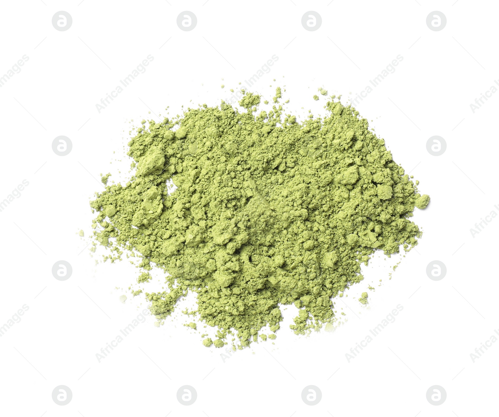 Photo of Green matcha powder isolated on white, top view. Natural drink