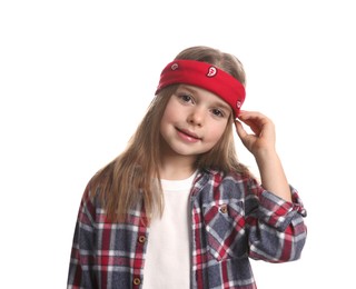 Photo of Cute little girl wearing stylish bandana on white background