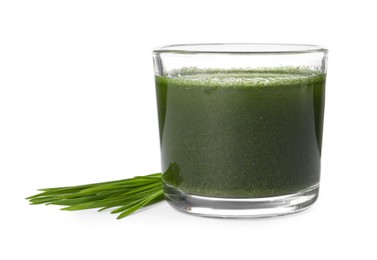 Photo of Wheat grass drink in glass and fresh sprouts isolated on white