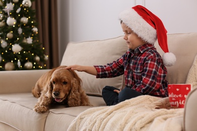 Photo of Cute little boy with English Cocker Spaniel in room decorated for Christmas