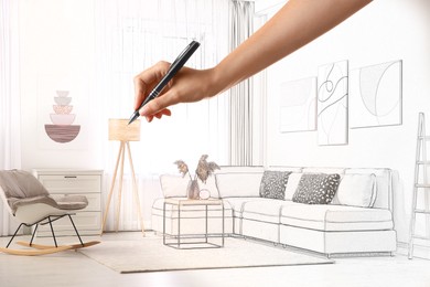 Image of Woman drawing living room interior, closeup. Combination of photo and sketch