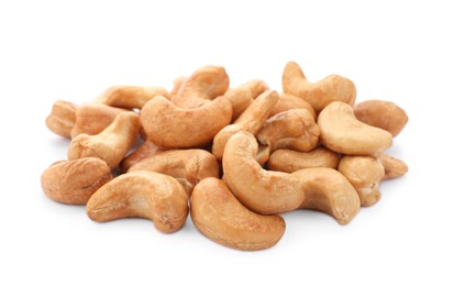 Photo of Pile of tasty organic cashew nuts isolated on white