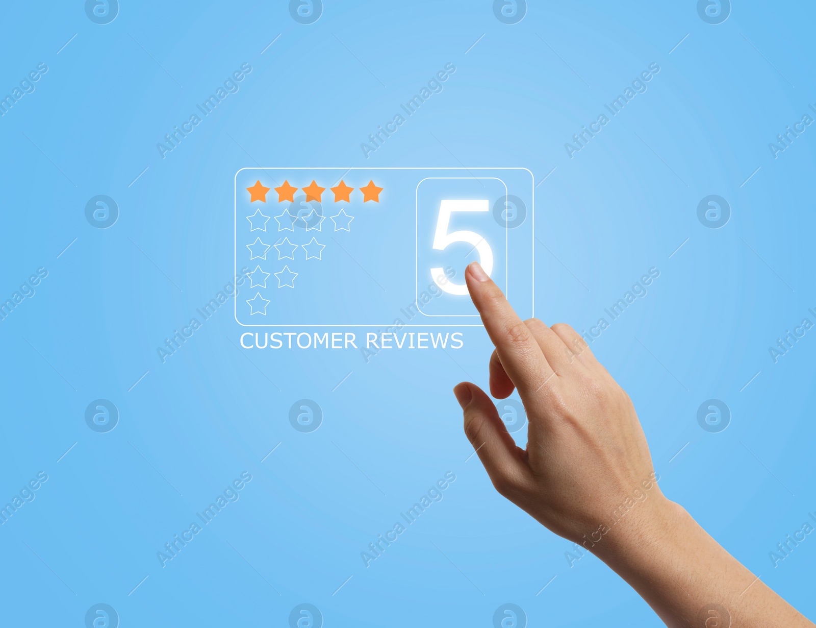 Image of Woman choosing five stars on virtual screen, closeup. Customer satisfaction score