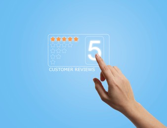 Woman choosing five stars on virtual screen, closeup. Customer satisfaction score