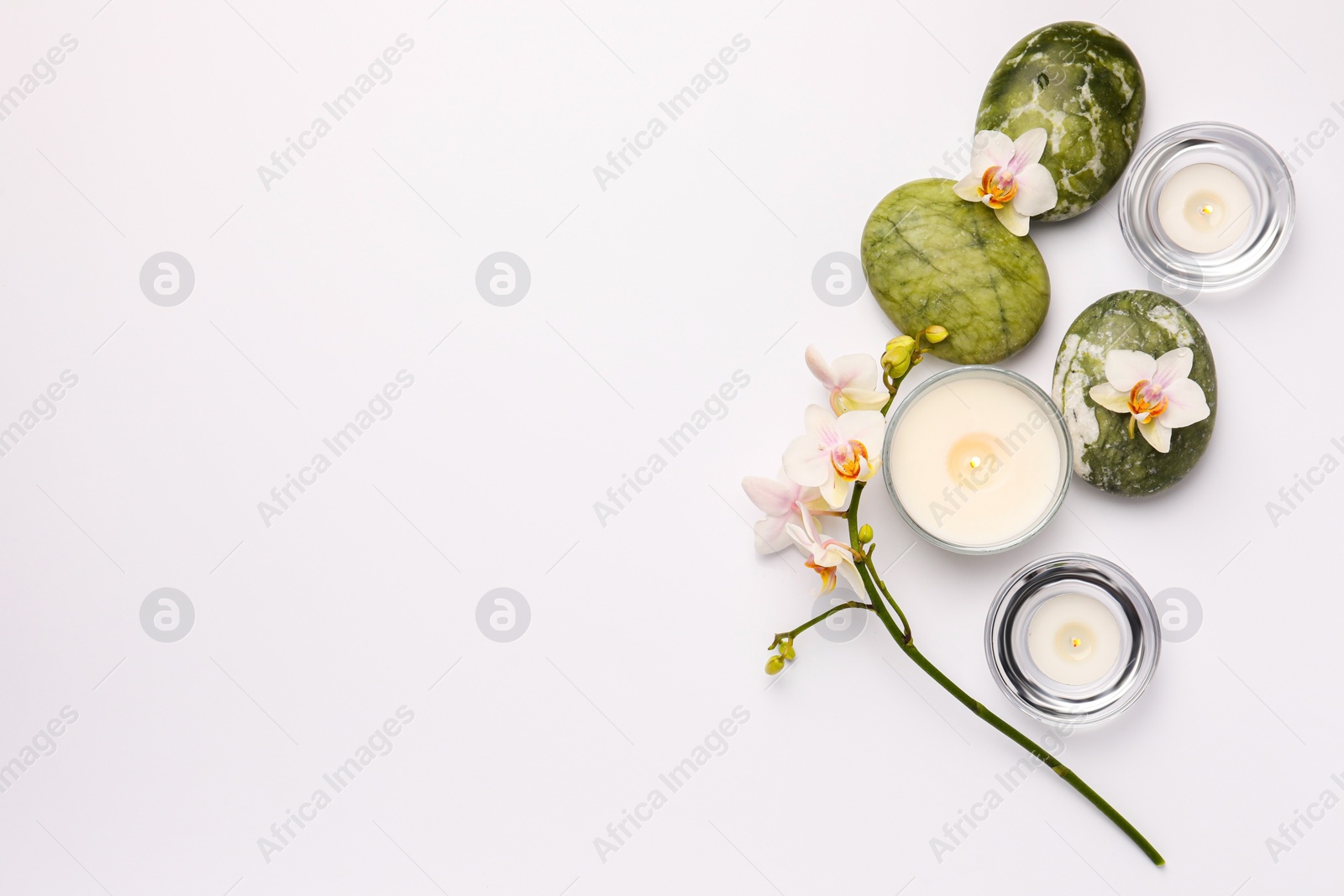 Photo of Flat lay composition with different spa products on white background. Space for text